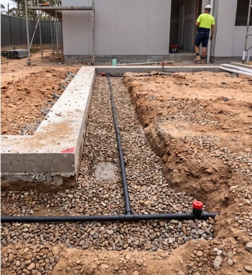 Professional porous pipe installation along building foundation for anti-termite treatment